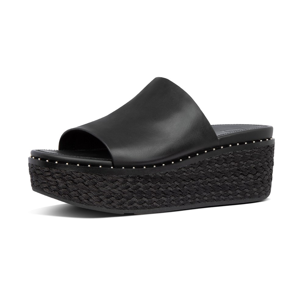 Fitflop Womens Wedge - Eloise Espadrille Leather Slides - Black - 371-EDNFRZ